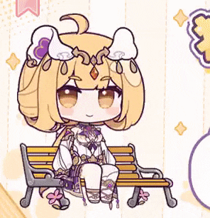 a cartoon girl is sitting on a bench with a purple flower in her hair .