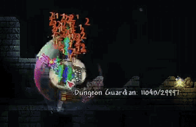 a screenshot of a video game with the name dungeon guardian written on the bottom .