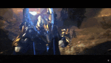 a computer generated image of a man holding a sword and a gas mask