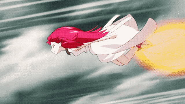 a girl in a white dress is flying through the air