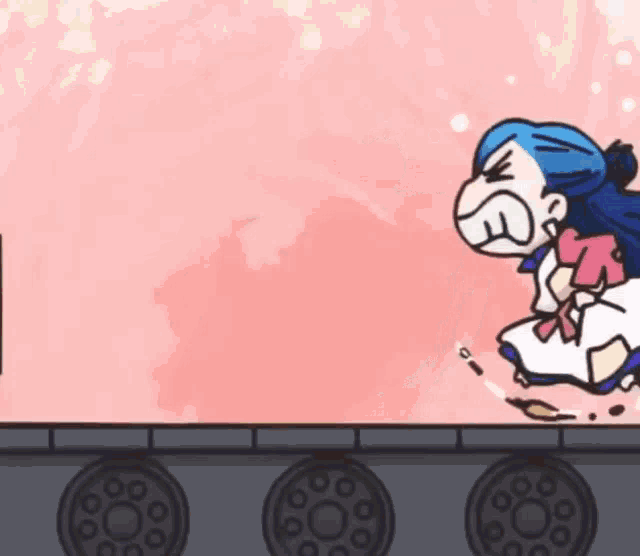 a cartoon of a girl with blue hair is running on a pink background with wheels .