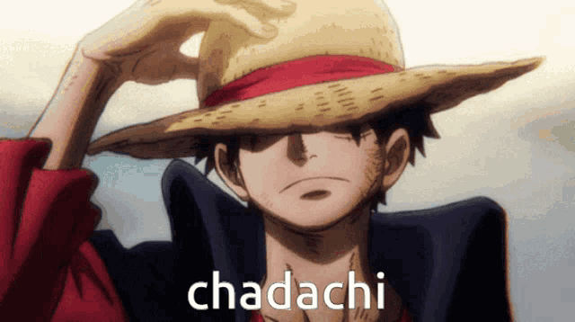 a man wearing a straw hat with the word chadachi written on the bottom