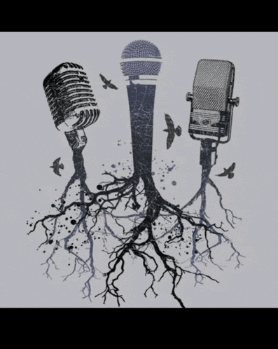 a drawing of three microphones with roots coming out of them and birds flying around them