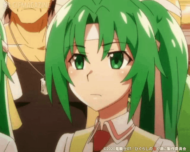 a girl with green hair and a bandage on her head has a gif magazine watermark