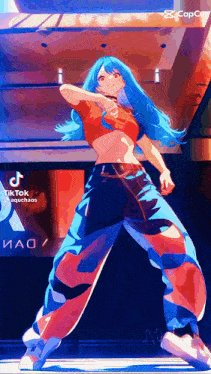 a girl with blue hair is dancing on a stage in a cartoon .