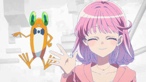 a girl with pink hair stands next to a frog with green eyes