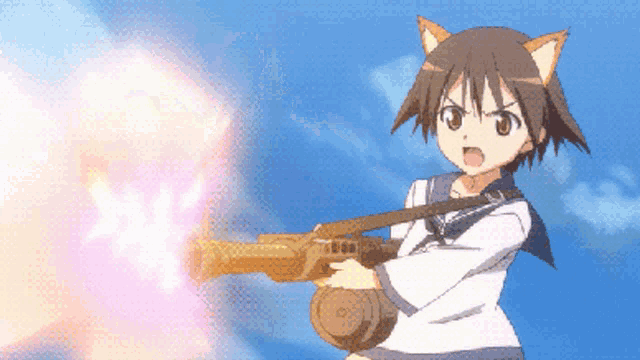 a girl with cat ears is holding a gun in her right hand