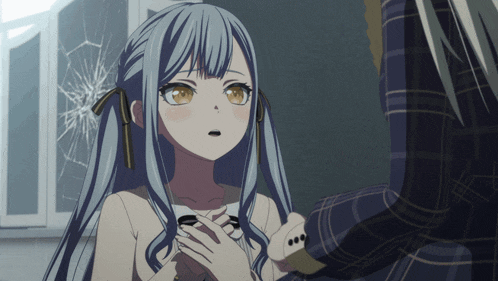 a girl with blue hair and yellow eyes is looking at a man