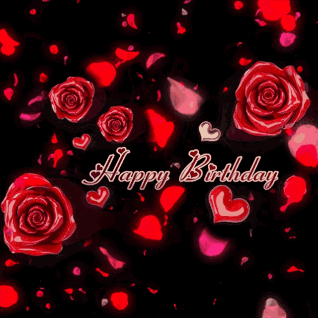 a happy birthday card with roses and hearts on a black background