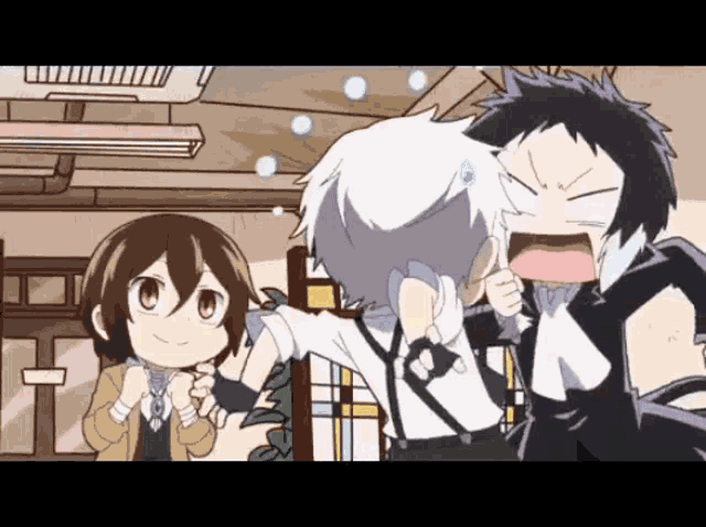 a group of anime characters standing next to each other in a room