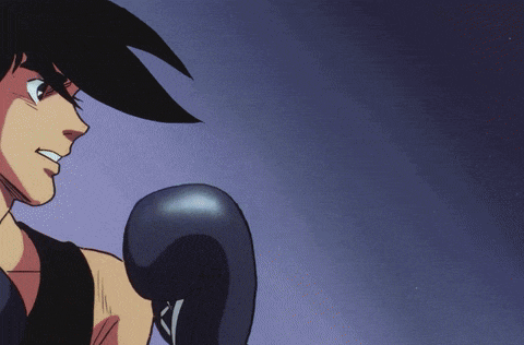a cartoon of a man wearing boxing gloves with a purple background