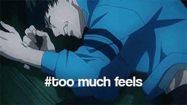 a man in a blue shirt is laying on the floor with the words too much feels written above him .