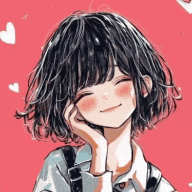 a girl with short black hair is smiling with her hand on her chin