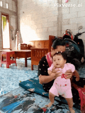 a baby is being held by a woman in a living room with the words pixverse.ai on the bottom right