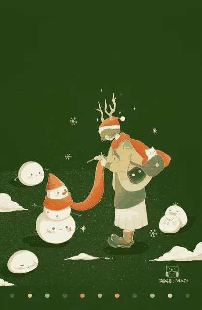 a drawing of a girl standing next to a stack of snowmen with the word maoi on the bottom