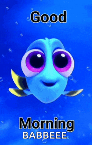 a cartoon fish with purple eyes is saying good morning