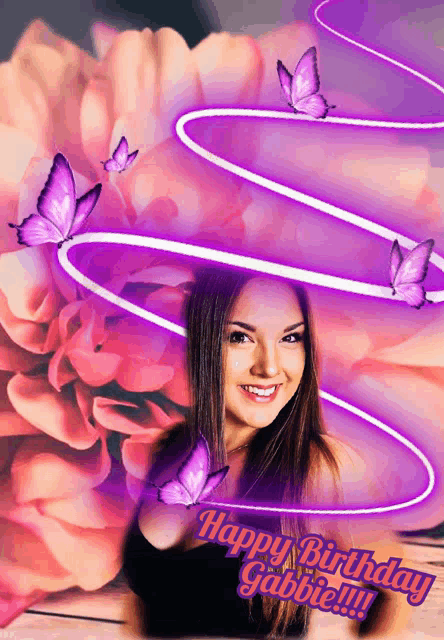 a picture of a girl with purple butterflies and the words happy birthday gabriel