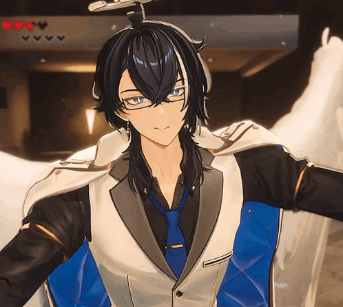 a man with long black hair and glasses is wearing a suit