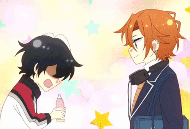 two anime characters are standing next to each other and one is holding a bottle