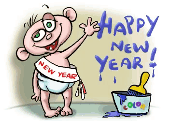 a baby in a diaper paints a wall with the words happy new year written in blue
