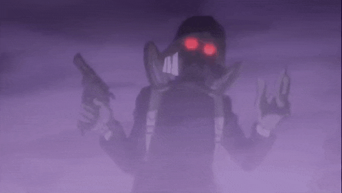 a person wearing a gas mask with red eyes is standing in a foggy field .