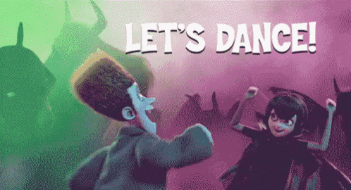 a cartoon of a man and a woman dancing with the words `` let 's dance '' written above them .