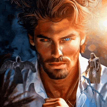 a painting of a man with red eyes and a beard