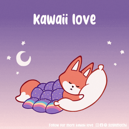 a cartoon of a fox sleeping on a pillow with the words kawaii love above it