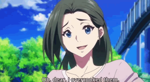 a woman with green hair and blue eyes is saying oh dear i over cooked them