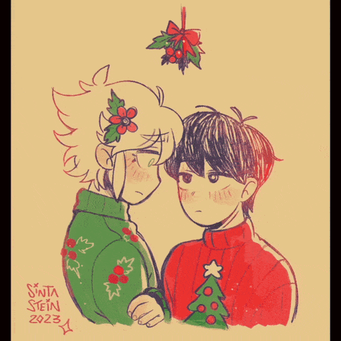 a drawing of a man kissing another man under a mistletoe with santa stein written on the bottom right