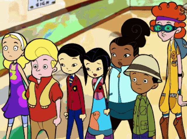 a group of cartoon characters are standing in a hallway with a sign that says ' tic ' on it in the background
