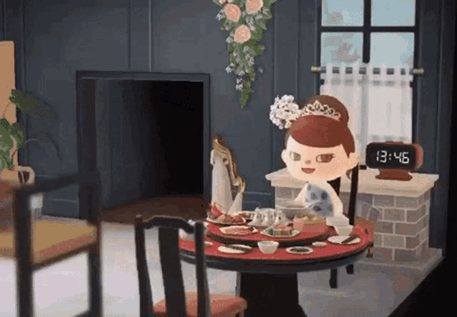 a cartoon character is sitting at a table with a digital clock that says 13:45