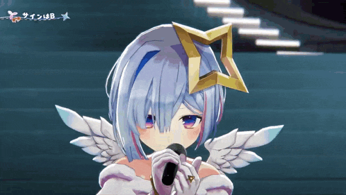 a girl with wings is singing into a microphone with a star on her head