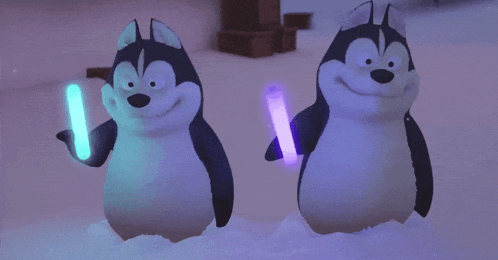two husky penguins holding glow sticks in their hands