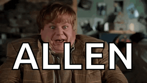 a man is making a funny face and the word allen is behind him