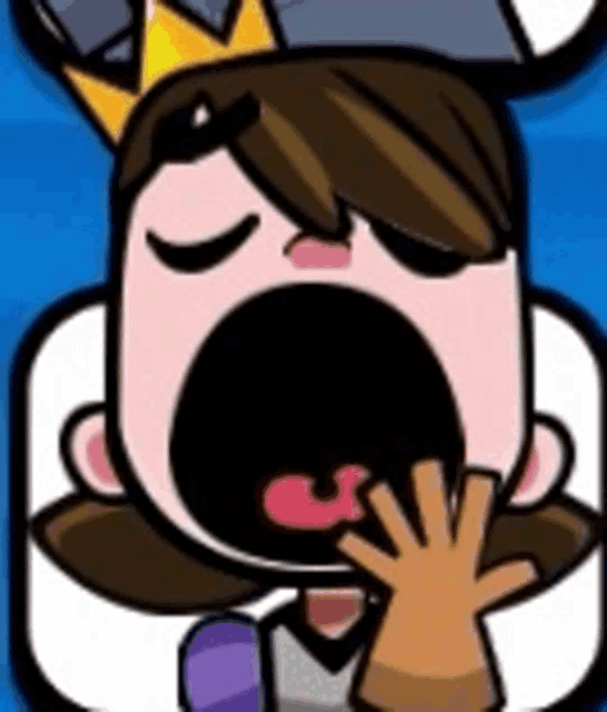 a cartoon character with a crown on his head is holding a hand to his mouth .