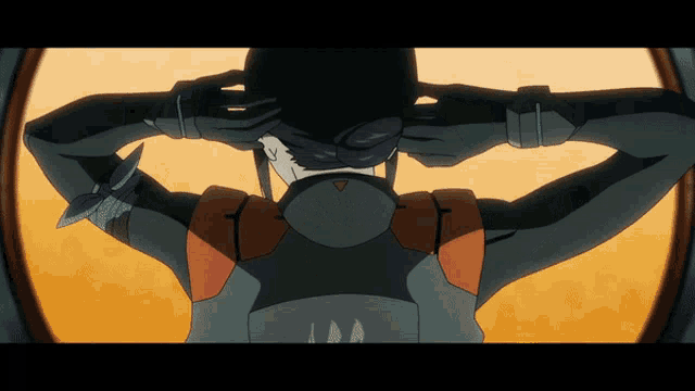 a cartoon character is adjusting his helmet in front of a mirror