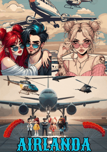 a poster for airlanda shows a man and a woman standing next to an airplane