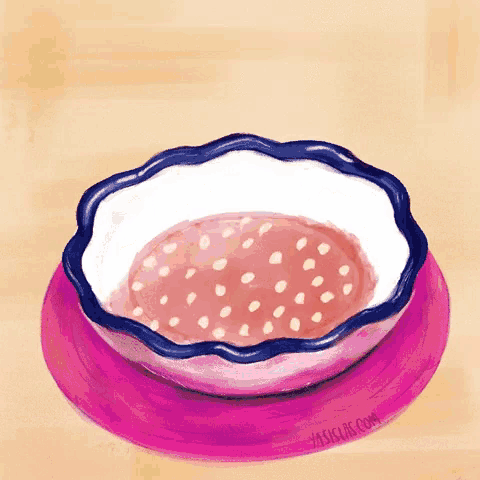 a painting of a bowl of food with the website yassilas.com written below it