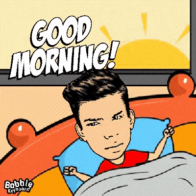 a cartoon of a man in bed with the words good morning written above him