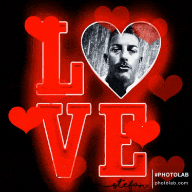 a picture of a man in a heart surrounded by red hearts with the word love