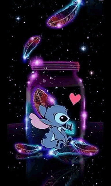 stitch is sitting in a jar with feathers coming out of it .