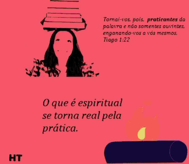 an illustration of a woman holding a stack of books on her head next to a fire