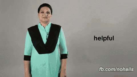 a woman in a blue dress says helpful in a sign language video