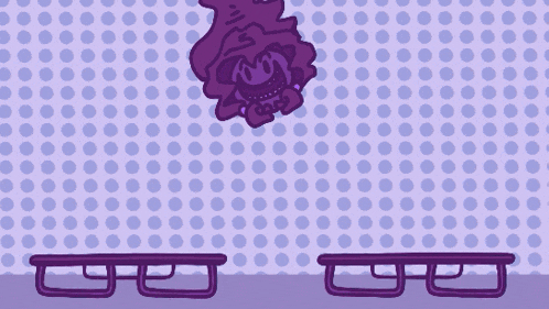 a cartoon drawing of a toilet with a purple ball on the seat