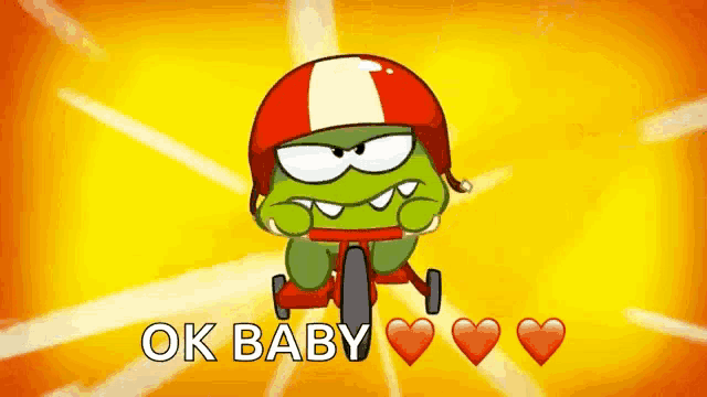 a cartoon character wearing a helmet is riding a bike and the words ok baby are above him