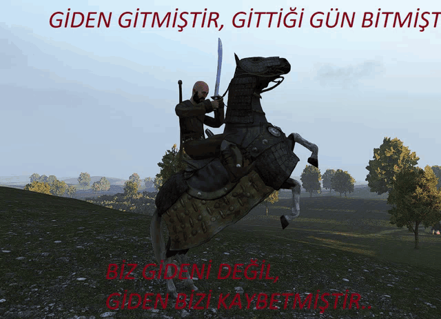 a man riding on the back of a horse with the words giden gitmistir