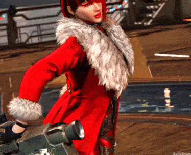 a woman in a red coat with a fur collar is holding a skateboard