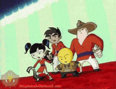 a group of cartoon characters standing next to each other on a red carpet