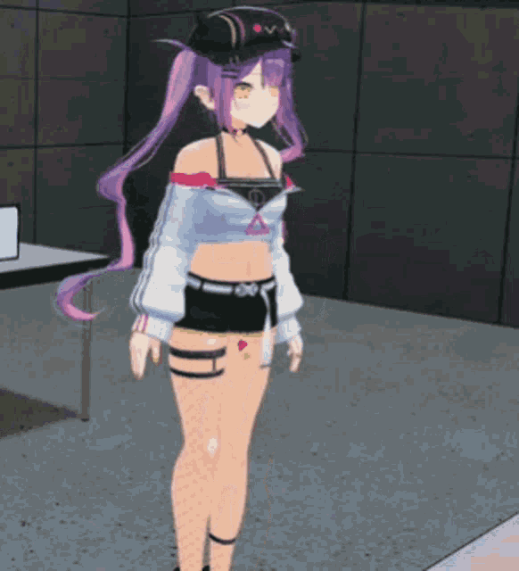 a girl with purple hair wearing a hat and shorts